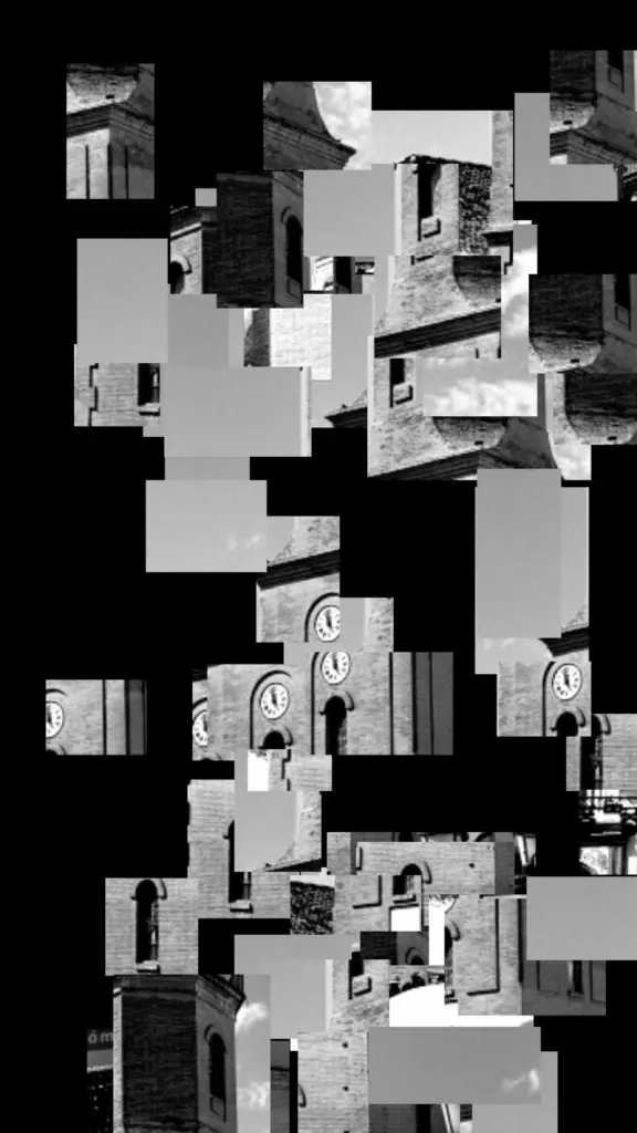 Fragmented black-and-white study of the church tower against the sky in Cómpeta